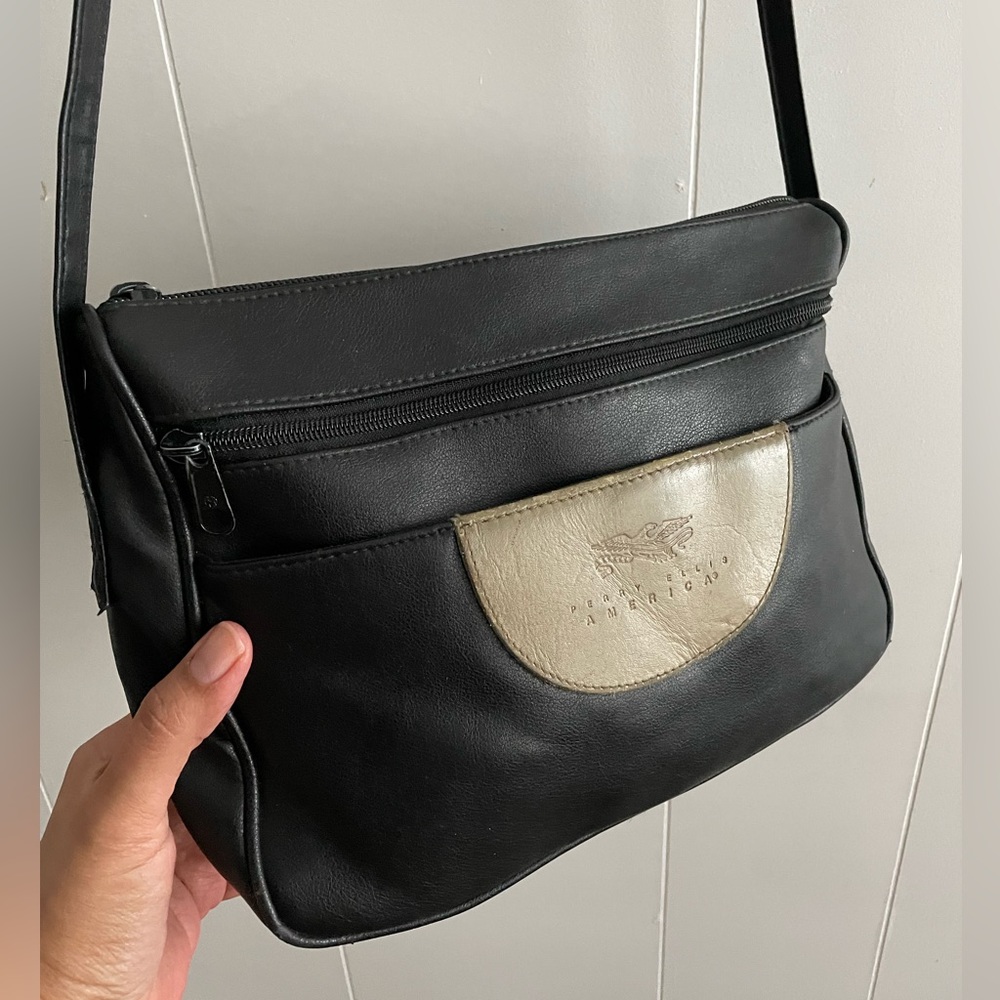 Vintage Perry Ellis Black Leather Crossbody Bag